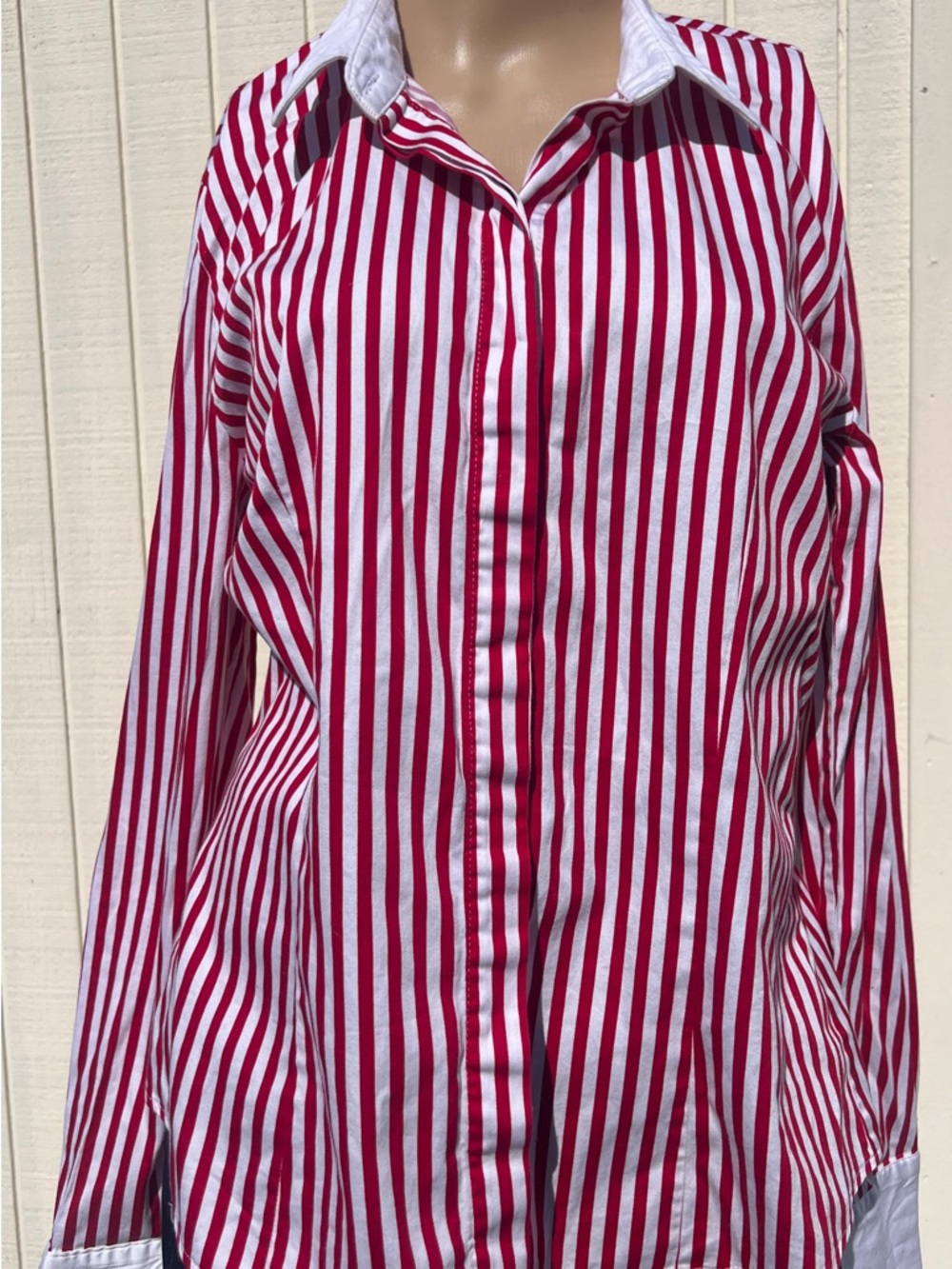 New York & Company Red Stripe Button Down Shirt | 7th Avenue Design Studio L